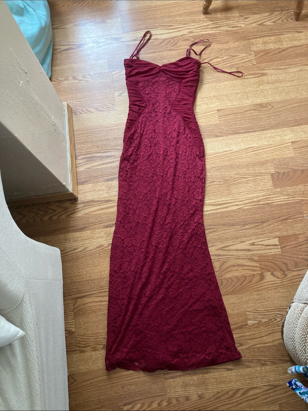 Fashion Nova Wine Red Lace Maxi Dress with Spaghetti Straps